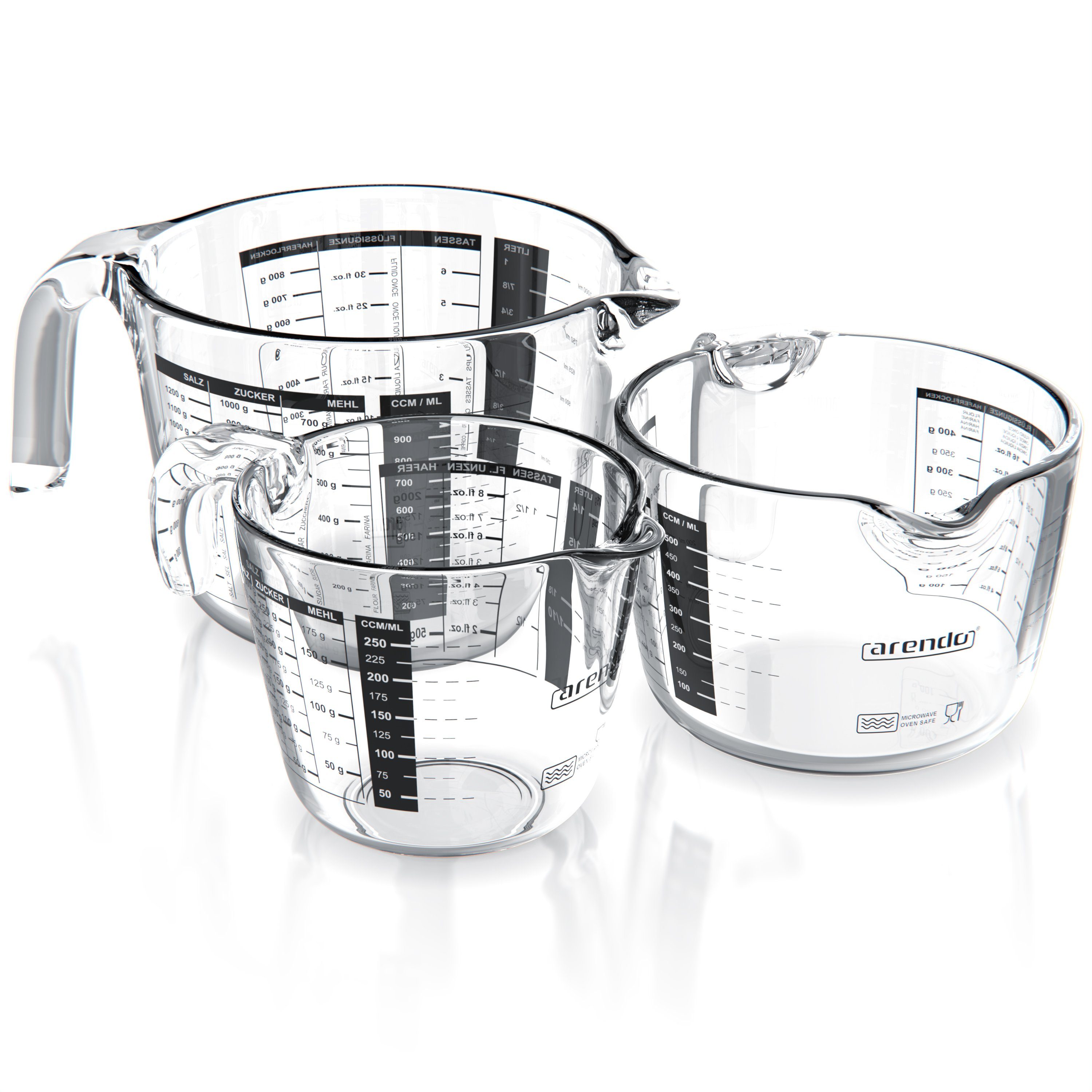 Arendo Messbecher 250 ml, 500 ml & 1000 ml Glas Messkrug Set,  Borosilikatglas Messkrug, Glas, (Set), präzise Skala, hitzebeständig,  Mikrowellen-geeignet, Küchenhelfer