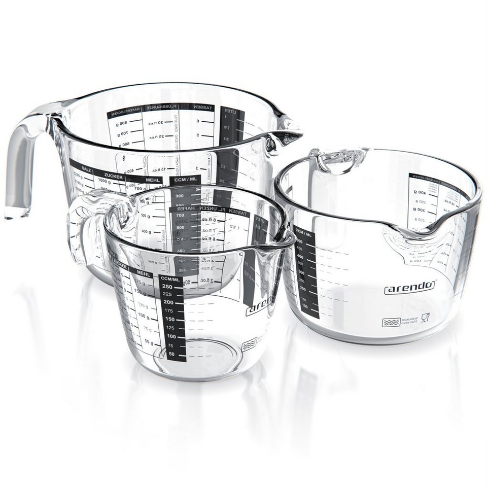 Arendo Messbecher 250 ml, 500 ml & 1000 ml Glas Messkrug Set,  Borosilikatglas Messkrug, Glas, (Set), präzise Skala, hitzebeständig,  Mikrowellen-geeignet, Küchenhelfer