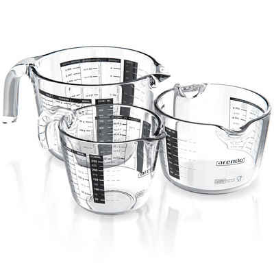 Arendo Messbecher 250 ml, 500 ml & 1000 ml Glas Messkrug Set, Borosilikatglas, Glas, (Set), präzise Skala, hitzebeständig, Mikrowellen-geeignet, Küchenhelfer