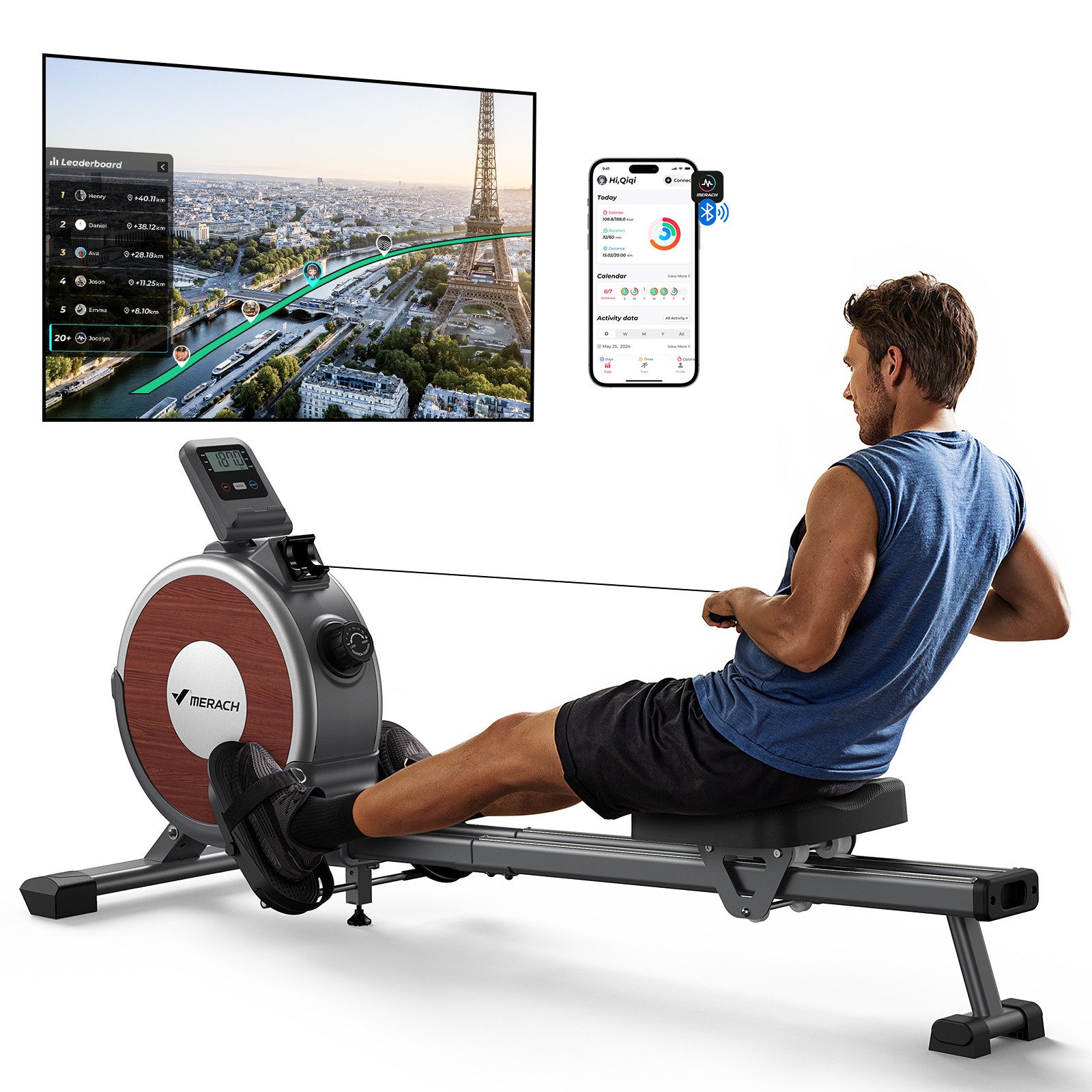 MERACH Rudergerät für Zuhause, 16 Stufen Widerstand, Leise und Stabilität (Magnetisches Rudergerät mit Upgrade Doppel-Slide-Rails, Exklusiver APP, Bluetooth LCD-Datenanzeige), Einfacher Aufbau, Die Erste Wahl für Heimfitness