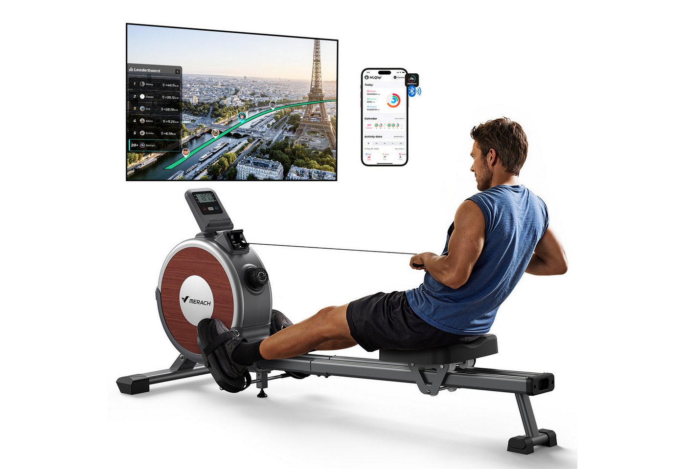 MERACH Rudergerät für Zuhause, 16 Stufen Widerstand, Leise und Stabilität (Magnetisches Rudergerät mit Upgrade Doppel-Slide-Rails, Exklusiver APP, Bluetooth LCD-Datenanzeige), Einfacher Aufbau, Die Erste Wahl für Heimfitness