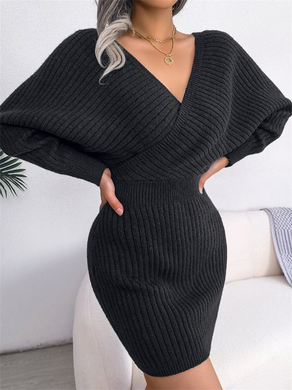 V-Ausschnitt mit und selected schwarz Strickkleid Jersey Damen-Tunika-Pulloverkleid carefully Sexy