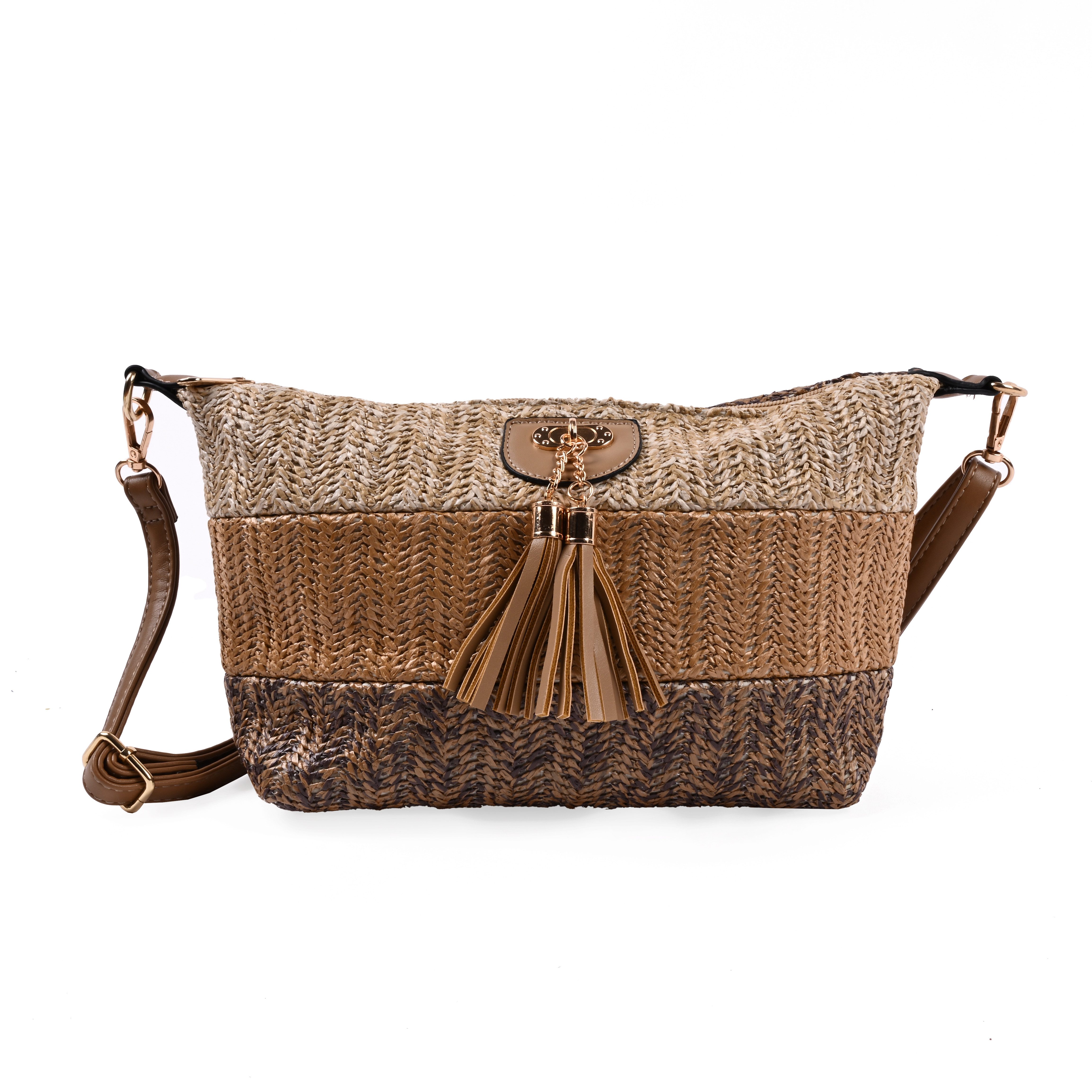 Handtasche Schultertasche mit Fransen – Raffia Look