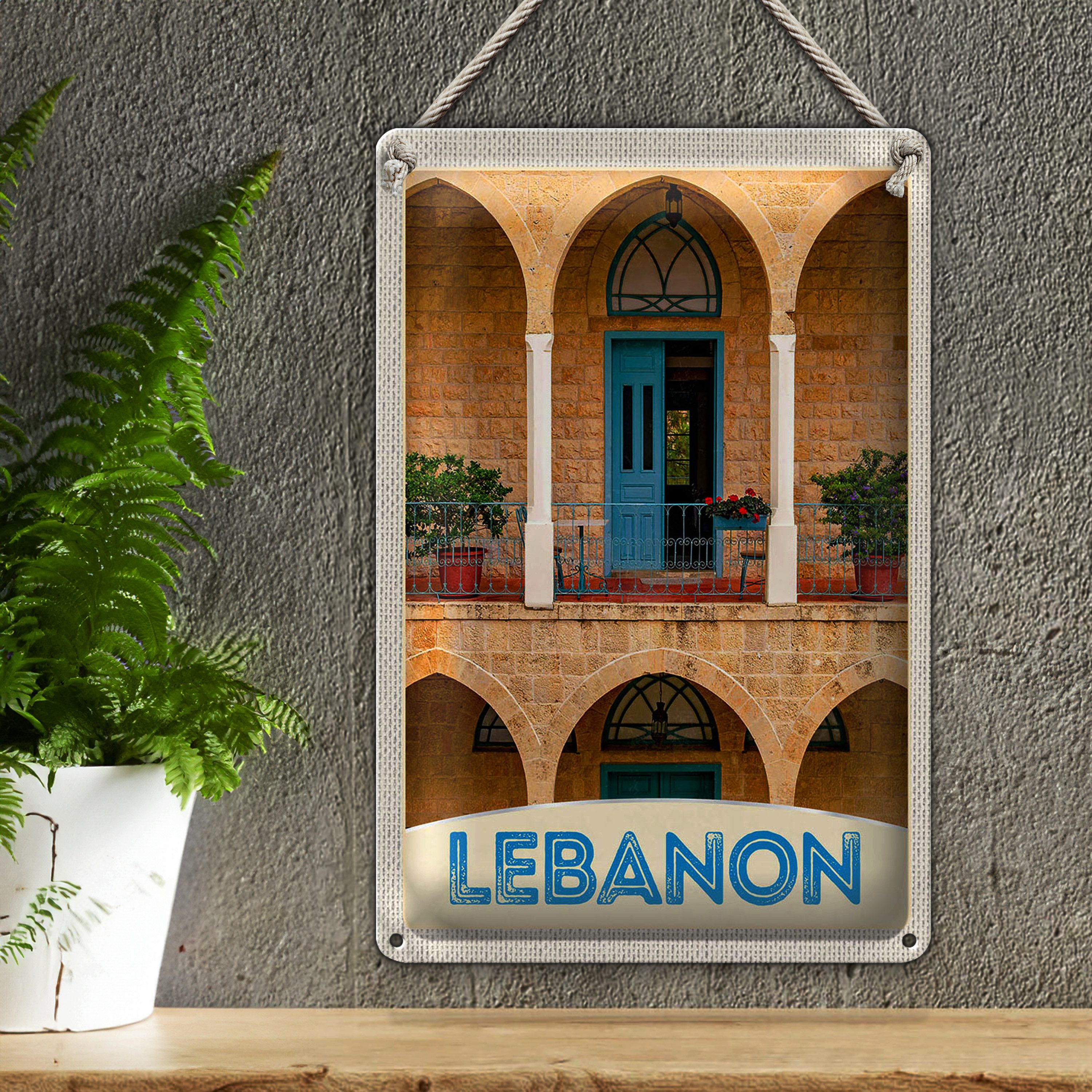 Roomando Metallschild Blechschild Reise 20x30cm Libanon Gebäude blaue Tür Urlaub