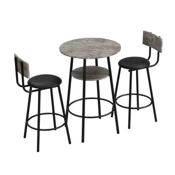 OKWISH Bargruppe 1 Bartisch und 2 Barstühle mit vier Metallbeinen, (Esstisch mit Stauraum, Loungesessel mit vier Metallbeinen, runder Esstisch), Grau+Schwarz