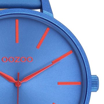 OOZOO Quarzuhr Oozoo Damen Armbanduhr Timepieces Analog, (Analoguhr), Damenuhr rund, extra groß (ca. 48mm), Lederarmband blau, Fashion