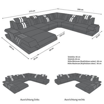 Sofa Dreams Wohnlandschaft Sofa Ledercouch Leder Venedig XXL U Form Ledersofa, Couch, mit LED, wahlweise mit Bettfunktion als Schlafsofa, Designersofa