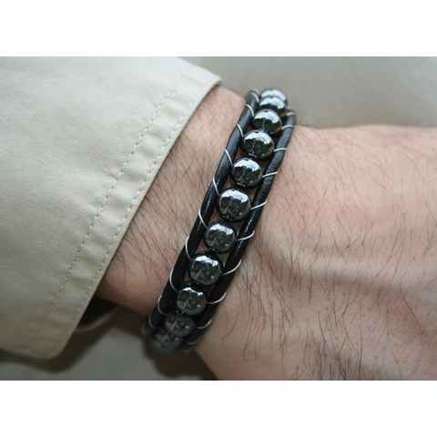 NAHLE Armband Herren Lederarmband Hämatit Perlen (inkl. Schmuckbox), aus Echtleder, mit Magnetverschluss für ein sicheres verschließen