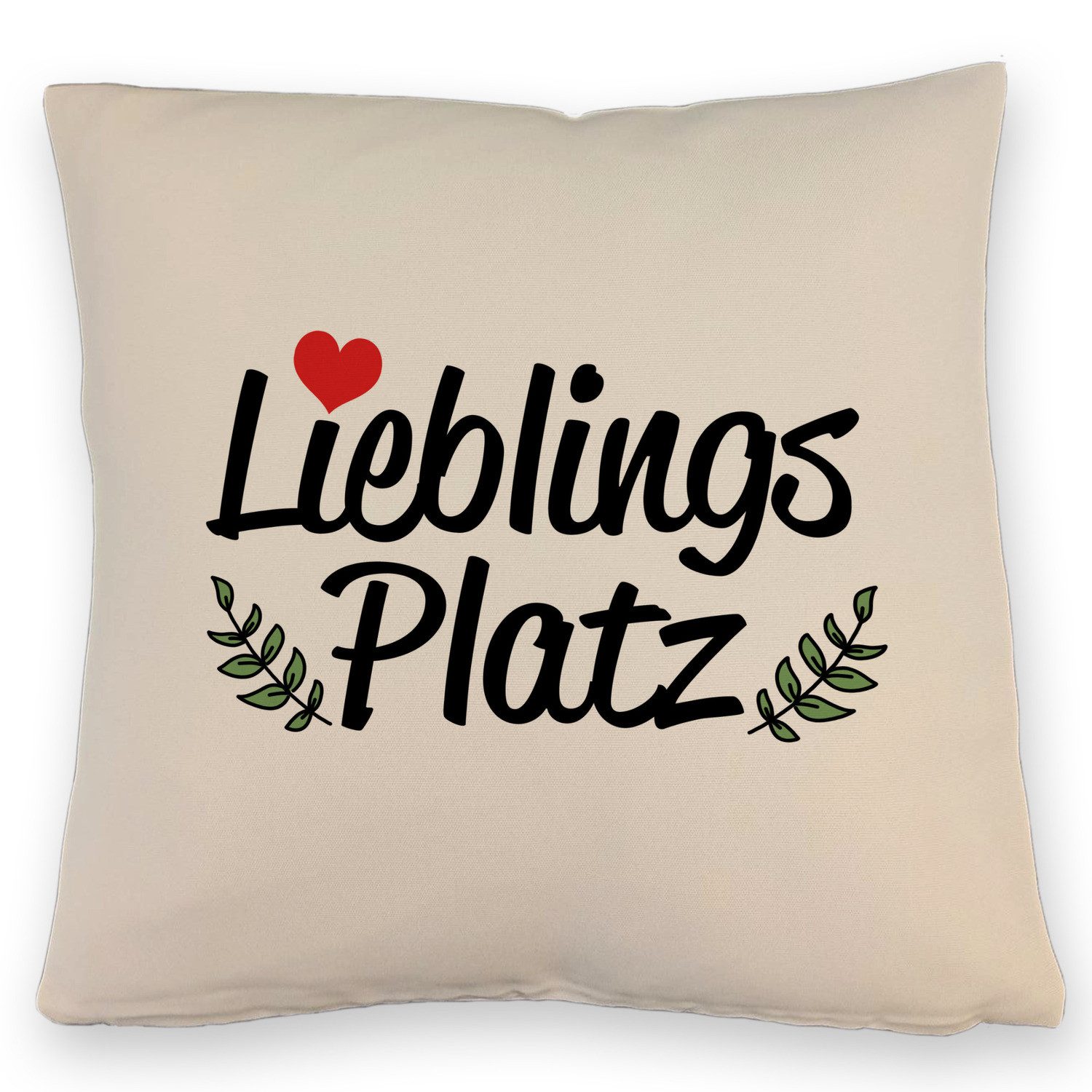 speecheese Dekokissen Lieblingsplatz Kissen mit Leinenoptik mit rotem Herz und Blättern