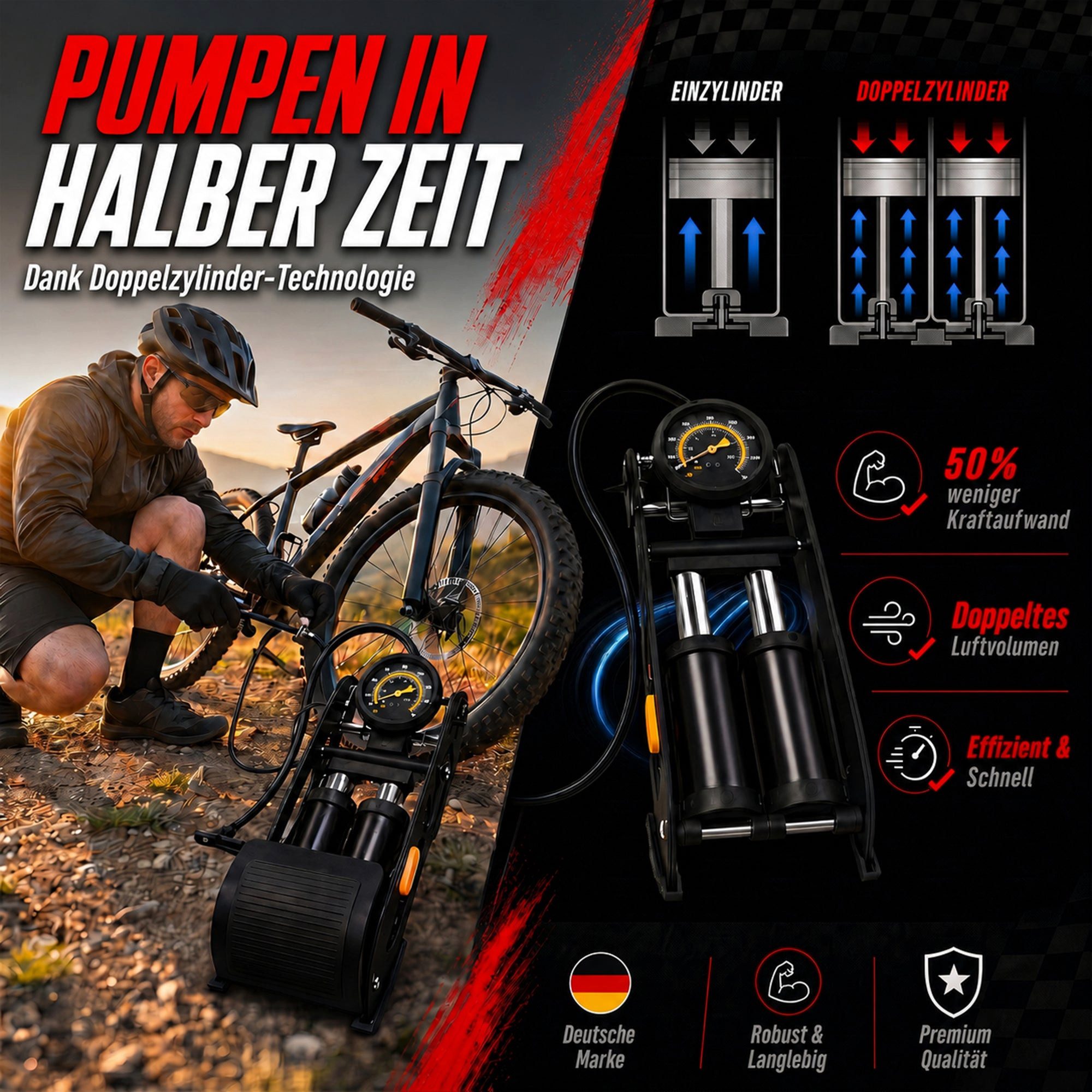 Pitlane Performance Luftpumpe Fahrradpumpe alle Ventile Fußpumpe (1-tlg., Tritt Fuß-Pumpe für E-Bike, Auto, Motorrad & Ball, inkl. 3 Adapter), bis 11 Bar Druck mit Manometer & Doppelzylinder für extra viel Luft
