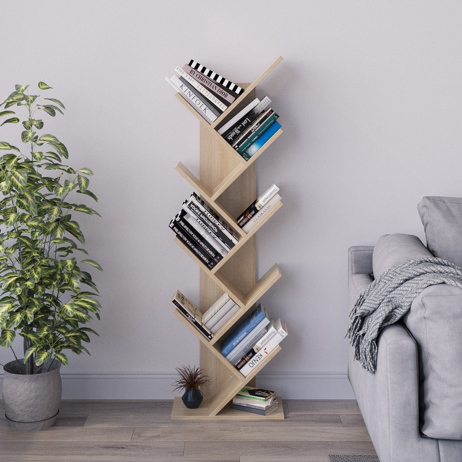 Mondeer Bücherregal in Baumform aus Holz Bücherschrank, Würfelregal exquisites 9 lagiges, einfaches Design und Platzsparen Braun