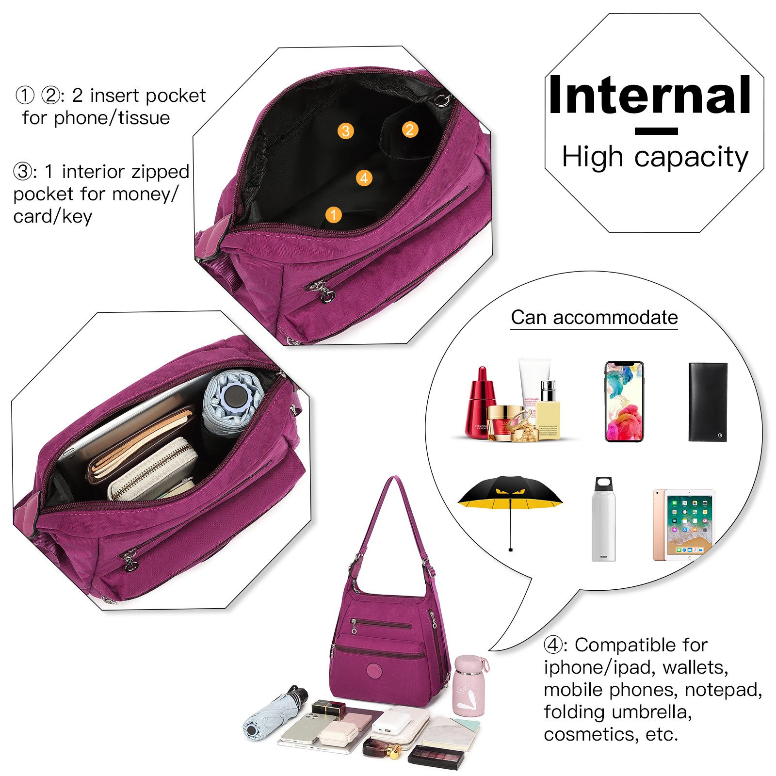 KONO Handtasche Rucksack Damen Umhängetaschen Nylon Schultertaschen 3 in 1 Handtasche