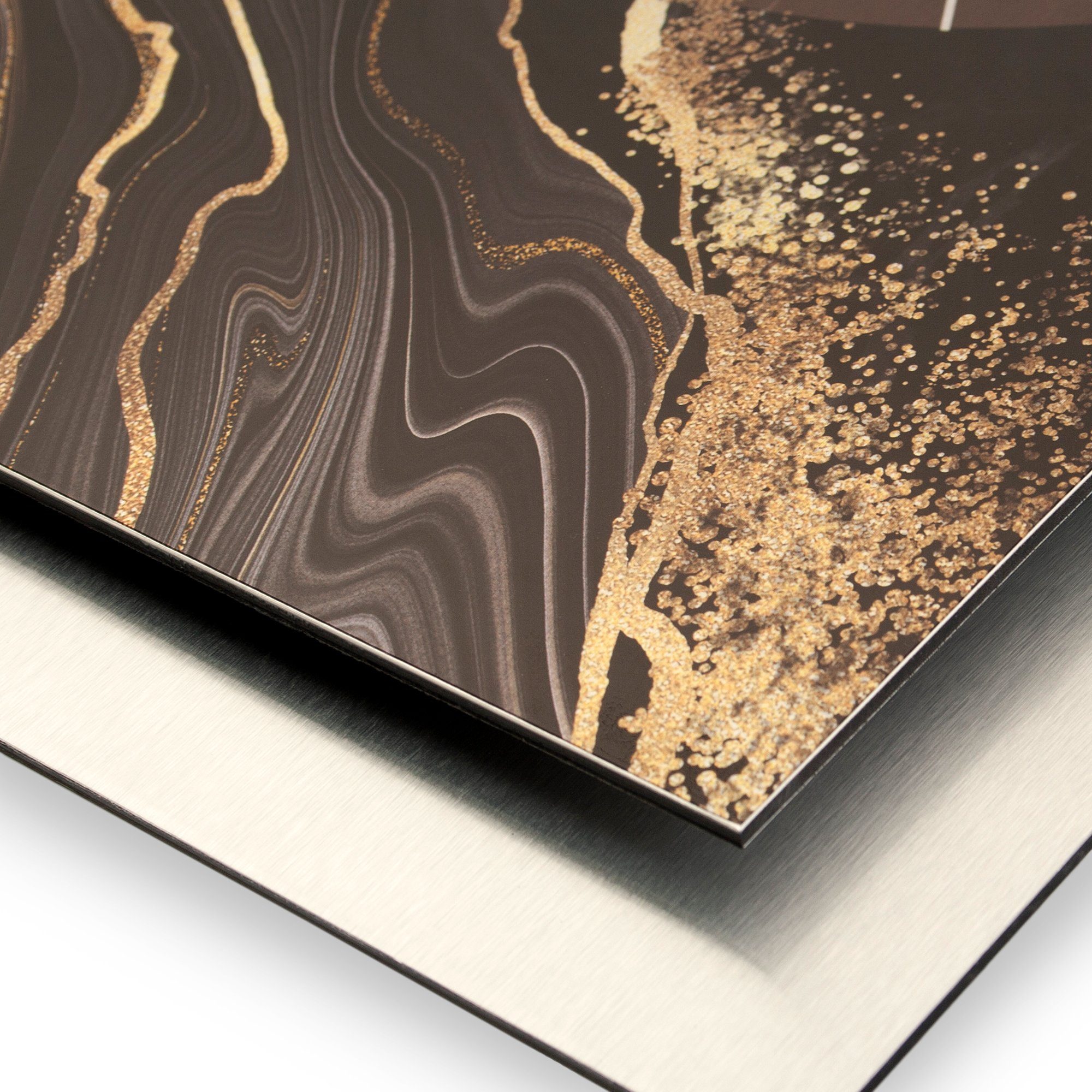 Kreative Feder Wanduhr 3D Designer-Wanduhr „Black & Gold Marble“ aus gebürstetem Aluminium (3D-Wölbung; einzigartiges Zwei-Platten-Design; flüsterleises Uhrwerk)