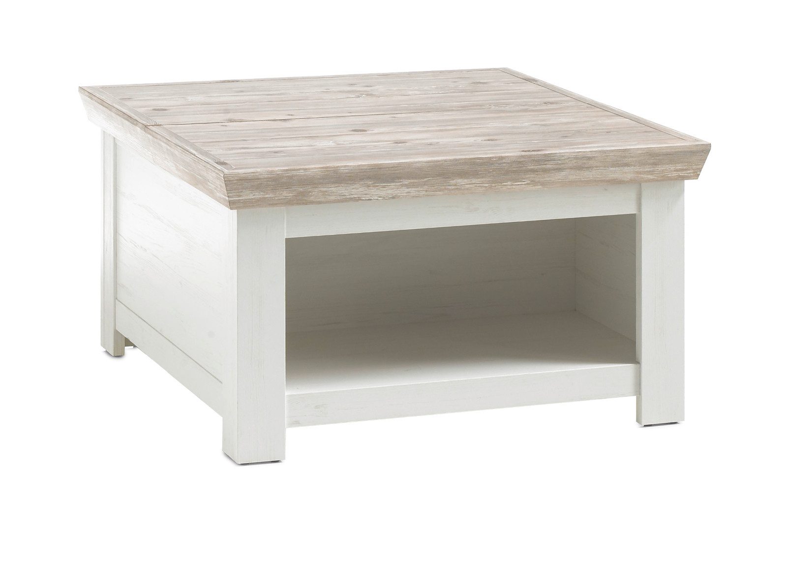 Furn.Design Couchtisch Rovola (in Pinie weiß mit Oslo-Pinie, quadratisch 86x86 cm), mit Fach unter der Tischplatte
