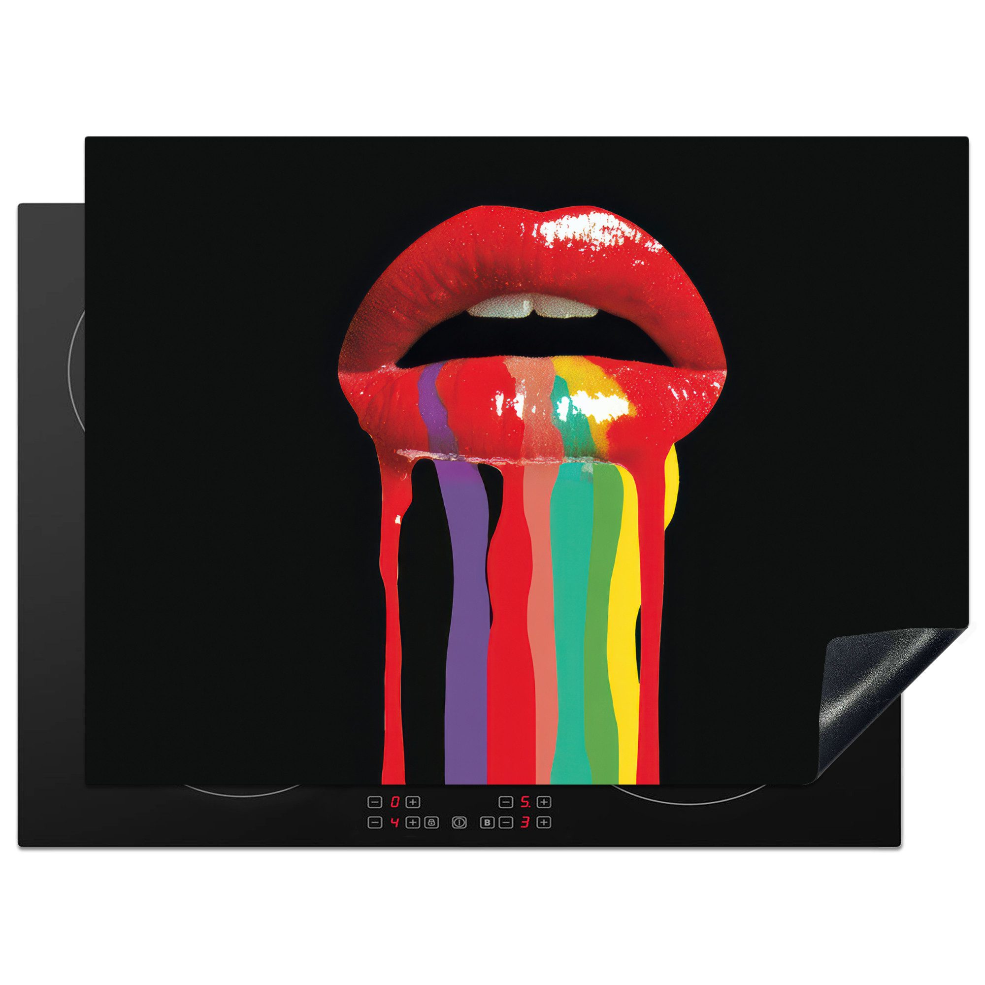 MuchoWow Herd-Abdeckplatte Lippen - Farben - Schwarz, Vinyl, (1 tlg), Küche Herdabdeckung Ceranfeld Induktionsfeld Vinyl, 65x50 cm