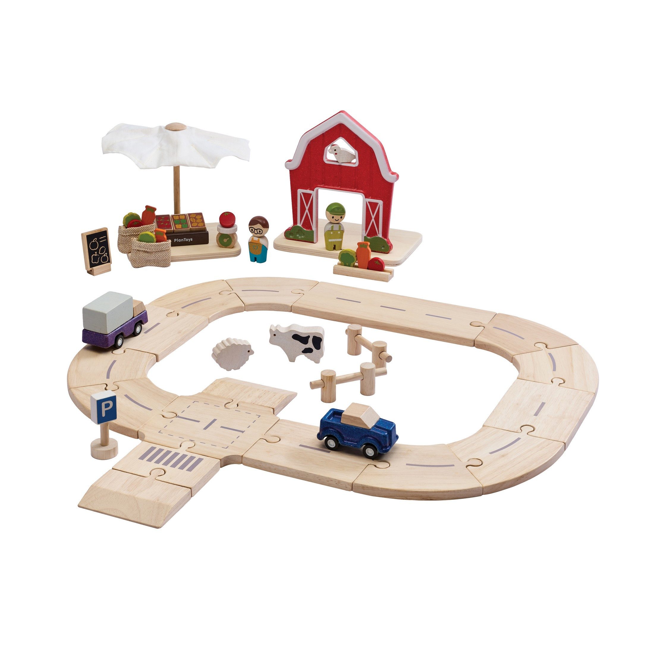 Plantoys Spielzeug-Zug PlanToys- Straßenset Vom Bauernhof zum Markt - ab 3 Jahre, (Komplettset, 55-tlg)