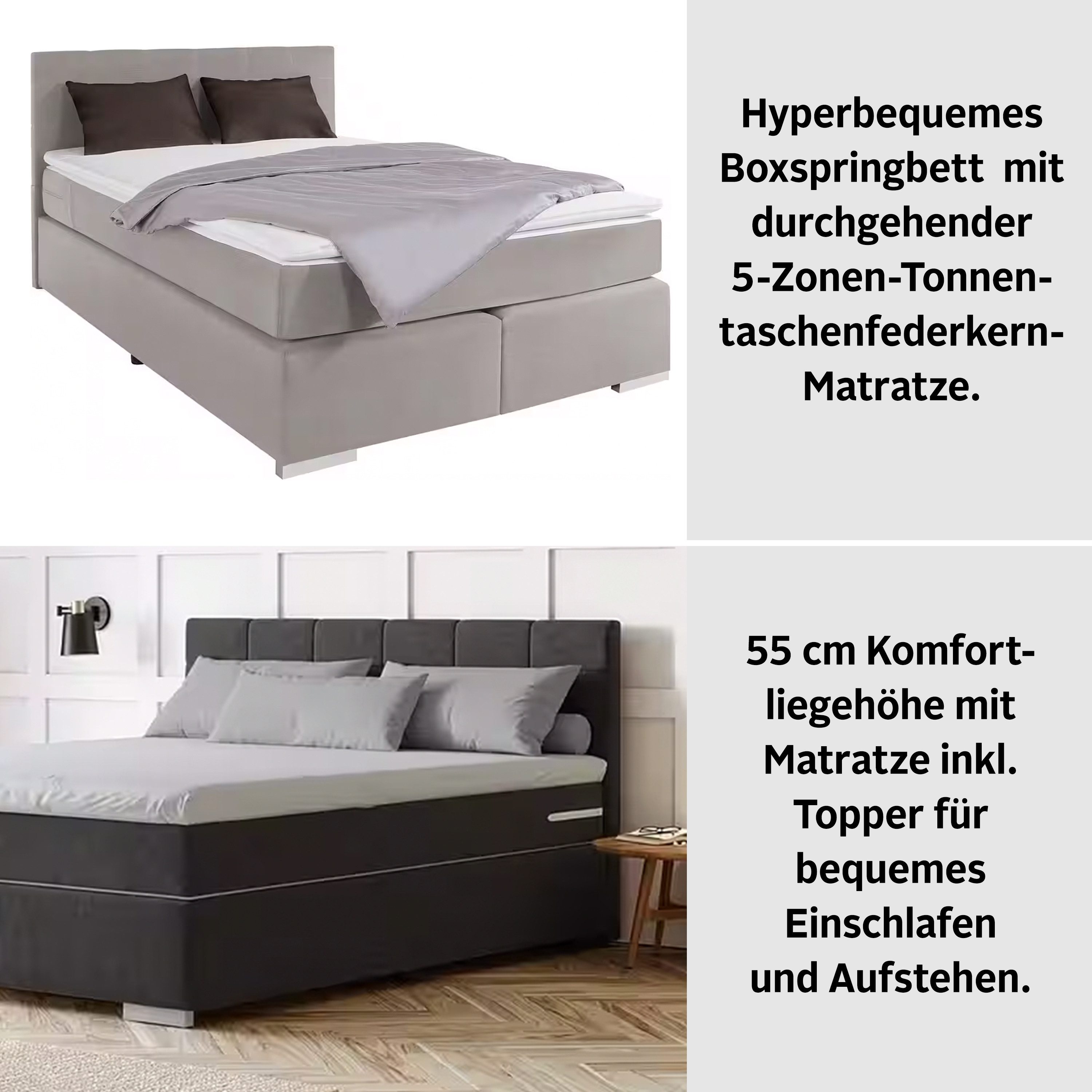 COTTA Boxspringbett SIMBA inkl. 5-Zonen-TFK-Matratze H3/H4, mit Kaltschaumtopper, Strukturstoff, 120/140/160/180/200 cm x 200 cm – Bild 5 von 5