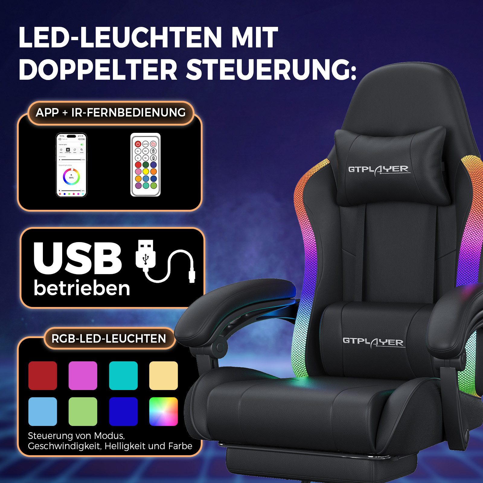 GTPLAYER Gaming-Stuhl Bürostuhl, Gaming Chair mit LED und Massgefunktion, Gamer Stuhl Gaming Chair mit Fernbedienung bis 150KG