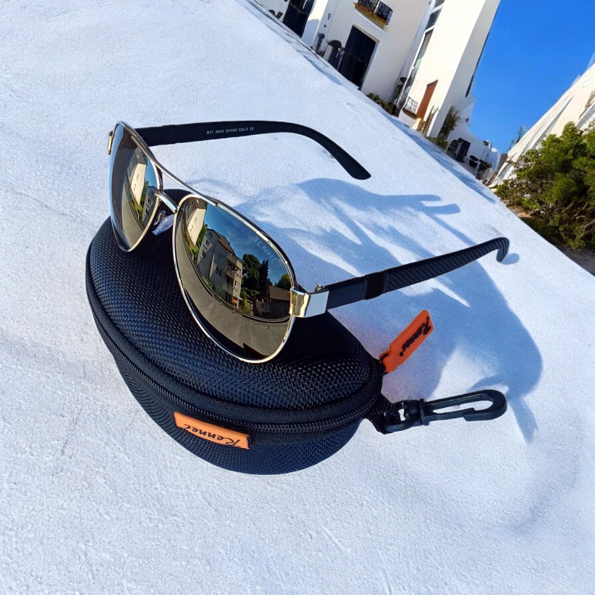 Rennec Sonnenbrille (Piloten Sonnenbrille Polarisiert Herren Damen XL Groß Brillenbox, Gestell in Silber und Gläser in Schwarz) Pilotenbrille Getönt UV400 Polarisierte Linsen sportliche Brillenbügel