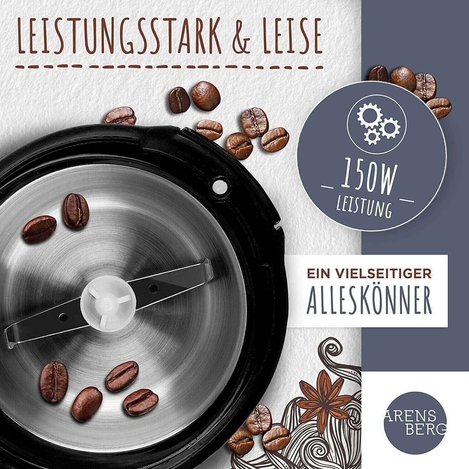 Arensberg Kaffeemühle Elektrische Kaffeemühle Coffee Grinder für Kaffeebohnen Nüsse Gewürze, 150,00 W, 80,00 g Bohnenbehälter, fein bis grob gemahlener Kaffee