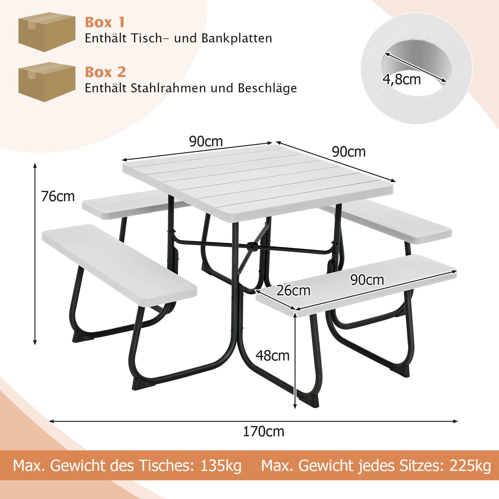 COSTWAY Bierzeltgarnitur, Sitzgarnitur mit 4 Bänken & Tisch, mit Schirmloch
