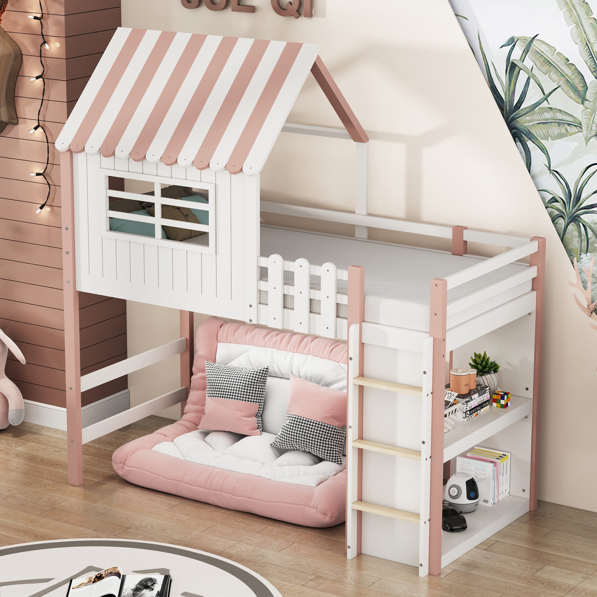 Flieks Hochbett Hausbett Kinderbett 90x200cm mit Sicherheitsleiter und Ablagefach