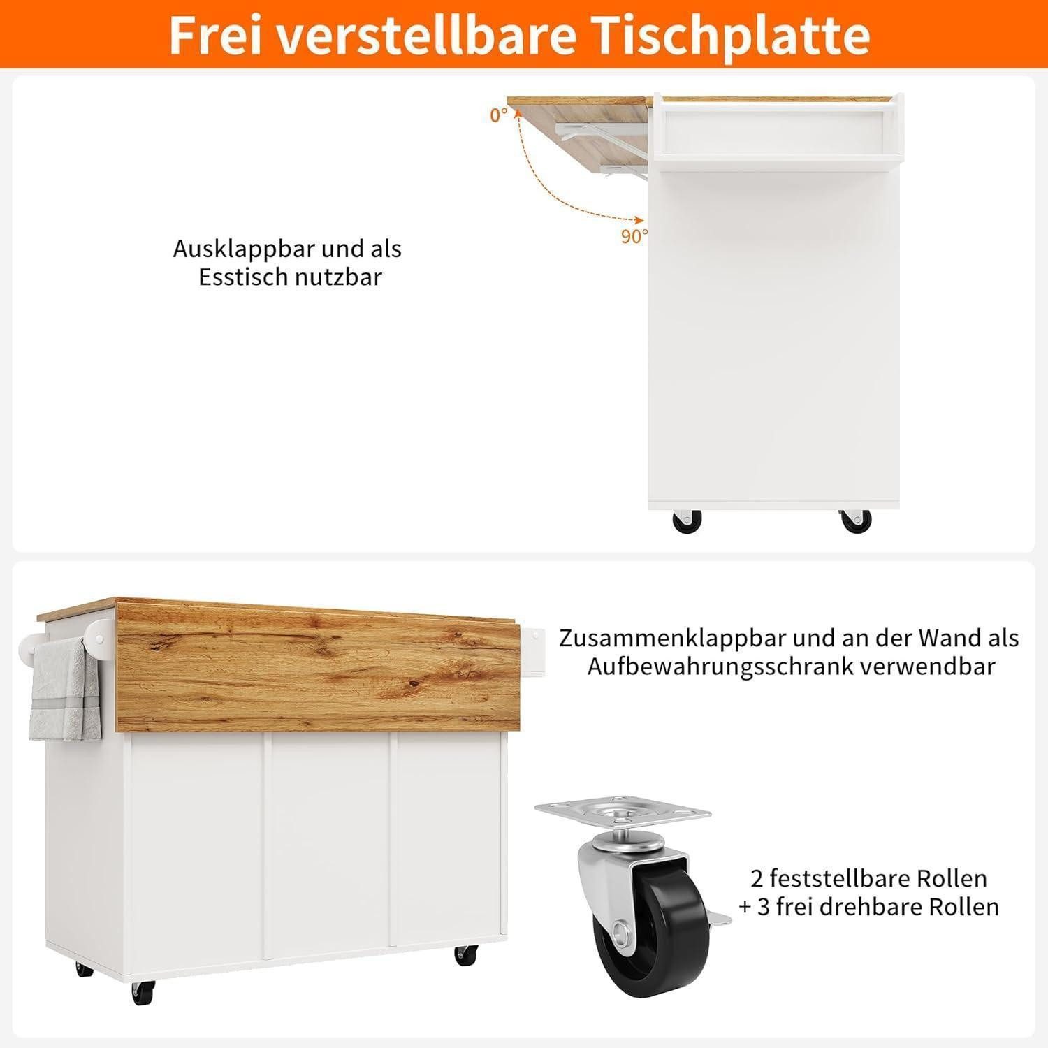 LuxusKollektion Küchenbuffet Kücheninsel klappbar mit Weinregal Stauraum und Rollen