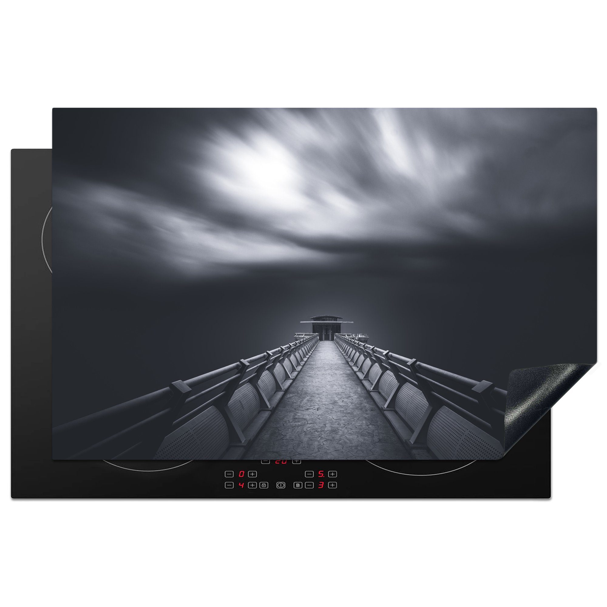 MuchoWow Herdblende-/Abdeckplatte Dunkle Brücke zum Turm in Schwarz und Weiß, Vinyl, (1 tlg), 81x52 cm, Induktionskochfeld Schutz für die küche, Ceranfeldabdeckung