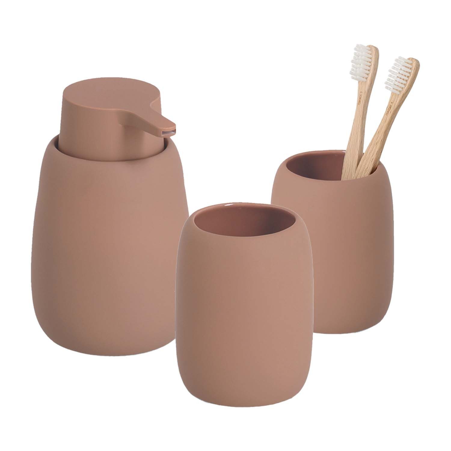 Zeller Present Badaccessoire-Set 3-teiliges Badaccessoire-Set - Keramik, Mocca, Set, 3 tlg., 3-tlg.