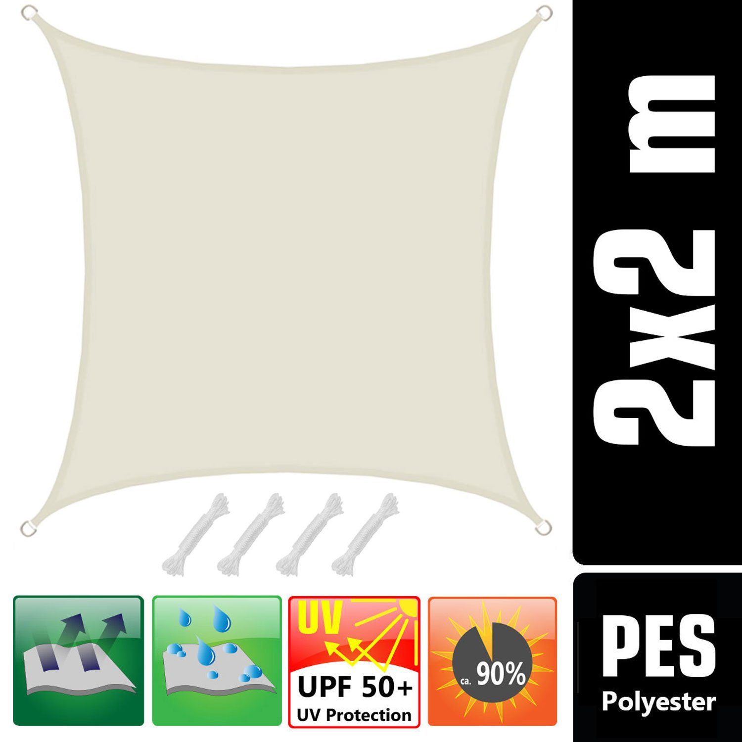 AMANKA Sonnensegel mit UV Schutz - 2 x 2 m Wasserdicht - Sonnenschutz für Garten & Balkon, Polyester Sonnenschutzsegel Quadratisch - Überdachung mit Regenschutz