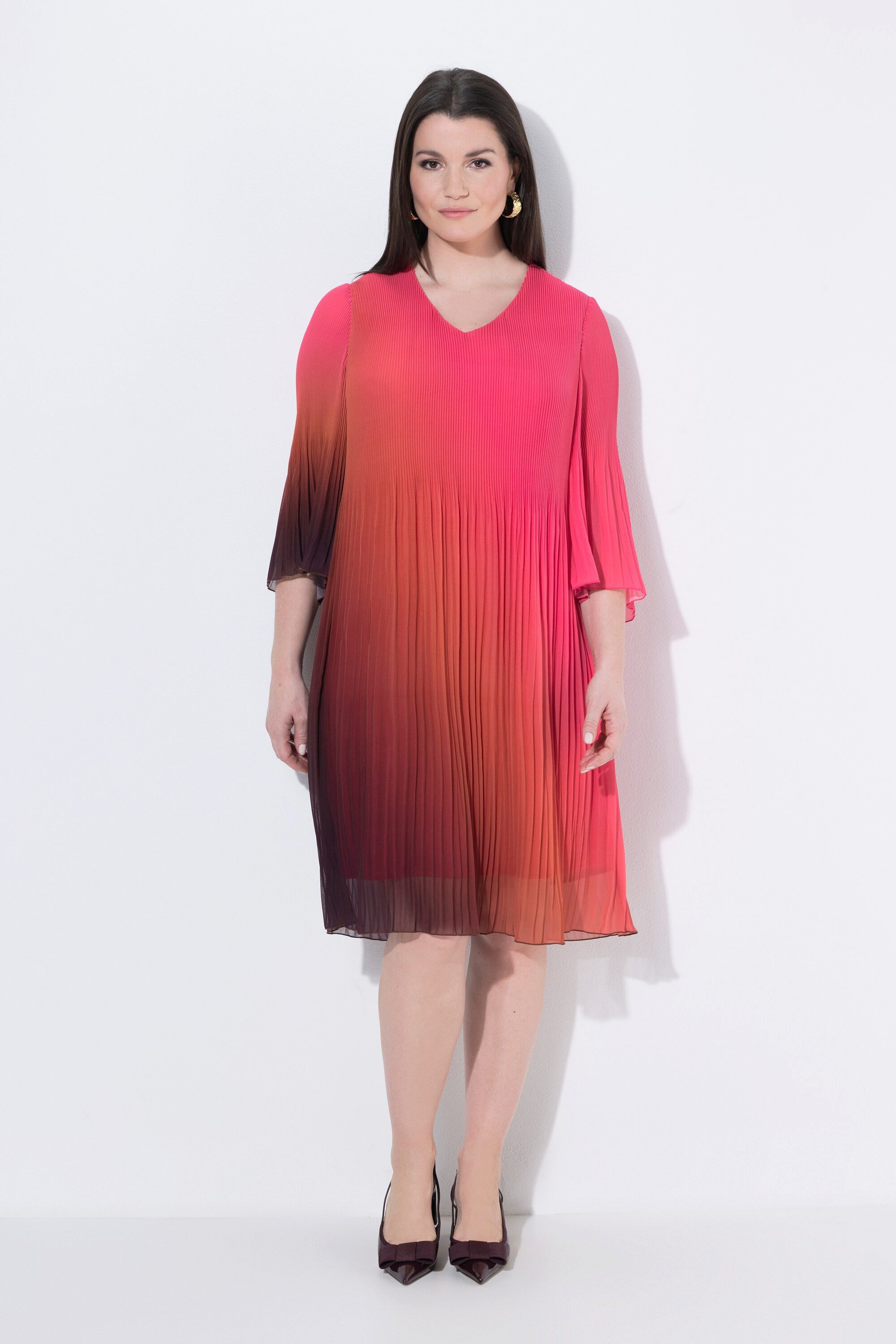 Ulla Popken Midikleid Plissee-Kleid Farbverlauf A-Linie V-Ausschnitt