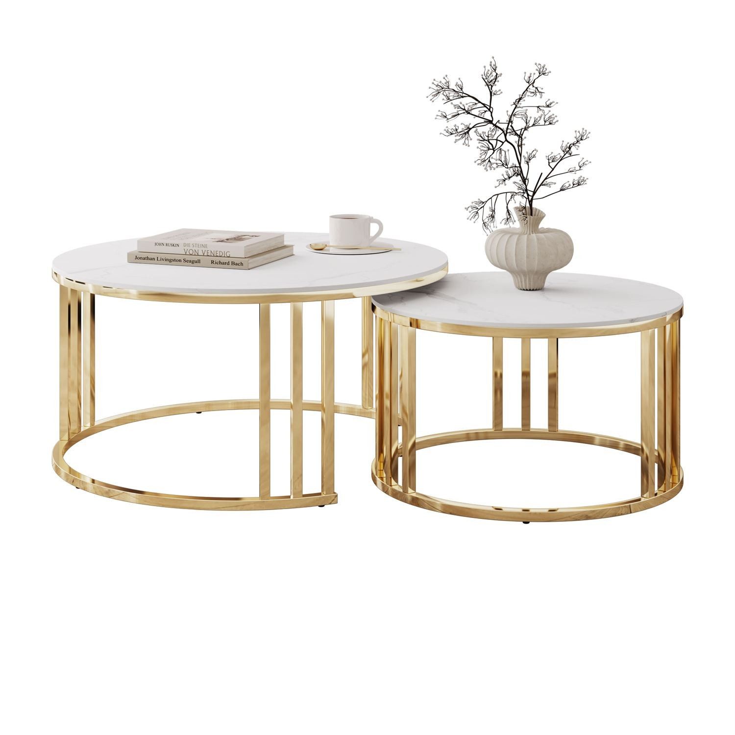 ALLHOUSE24 Couchtisch LINE 2 in 1 mit goldenem Metallgestell und Marmorplatte Sofatisch (2er-Set), Durchmesser: 80 cm/60 cm – Bild 5 von 5