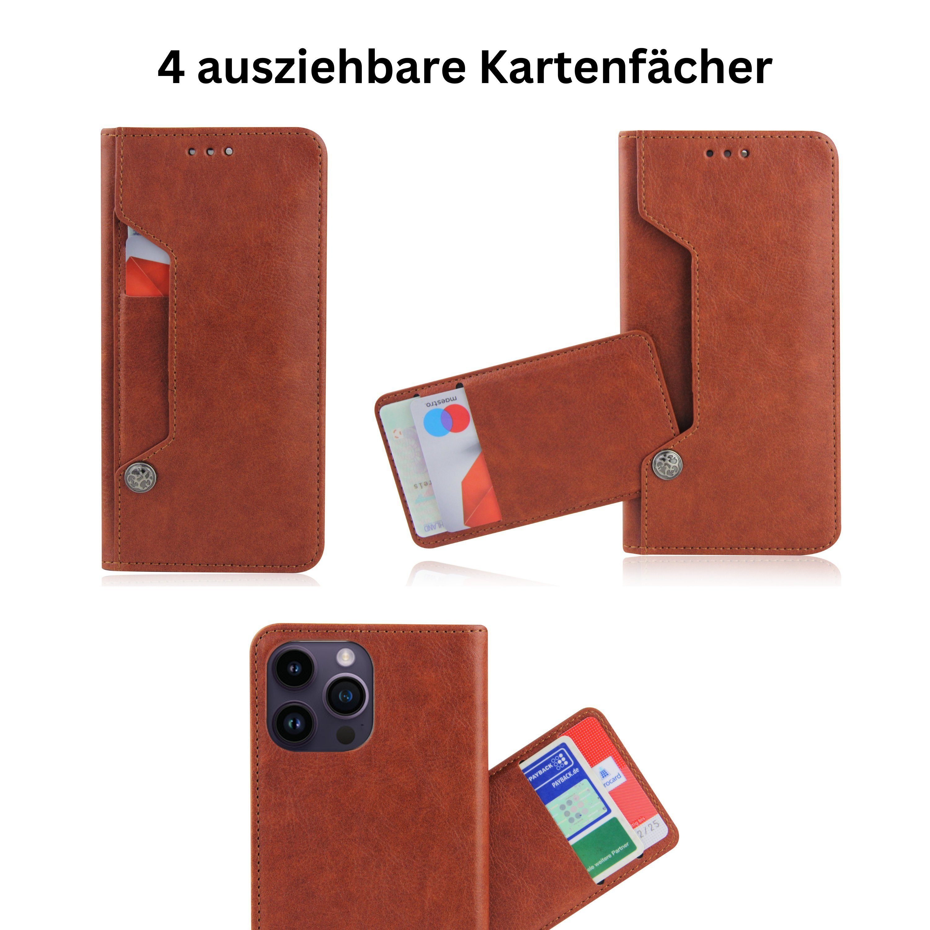 Frentree Handyhülle aus echtem Leder für iPhone 12, 13, 14, Magnetverschluss mit 4 Kartenfächern & 2 Sichtfenstern, Handy-Ständer