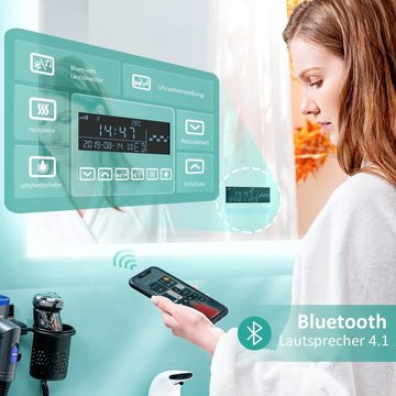 EMKE Badspiegel Badezimmerspiegel mit Kaltweißer Beleuchtung (Touch-schalter, 80×60 cm), Dimmbar Beschlagfrei Uhr und Bluetooth IP44