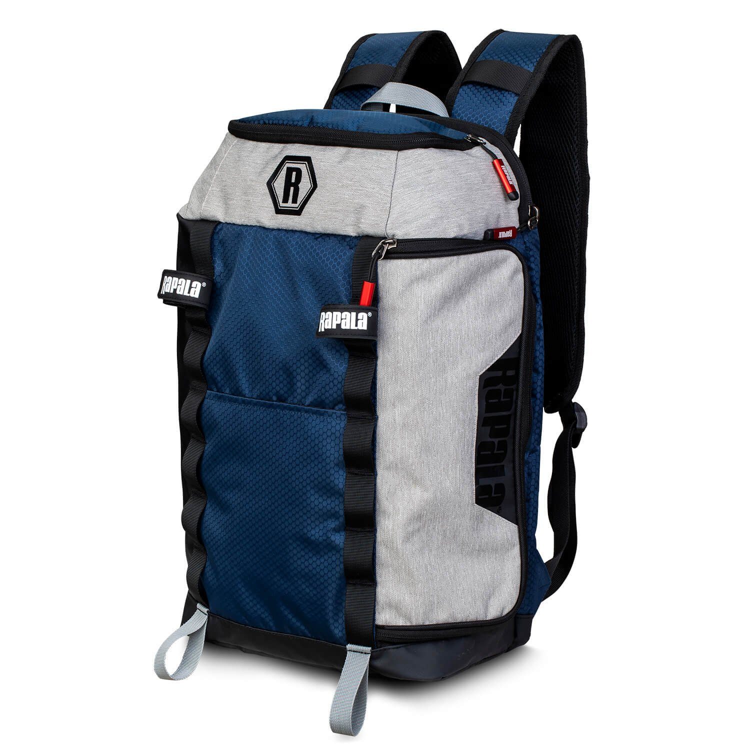 Rapala Angelrucksack Rapala Countdown Backpack Rucksack Blau Grau, Gepolsterte, verstellbare Schultergurte aus 3D-Mesh mit Brustgurt und Befestigungspunkten für Werkzeug, Belüftende 3D-Mesh-Rückenstütze, Abnehmbare und verstellbare Klettverschlüsse zum Transport von Ruten und Kescher, Fronttasche, YKK-Reißverschlüsse und -Zugbänder, Leicht zugängliches Hauptfach mit internen Reißverschlusstaschen, Erweiterbare Seitentasche mit Reißverschluss für Wasserflaschen, Obere Reißverschlusstasche für kleine Ausrüstung, Gepolsterte Reißverschlusstasche auf der Rückseite für 15'' Laptop, Bietet Platz für zwei Angelkisten (35,6cm x 22,9cm x 3,5cm) (separat erhältlich)