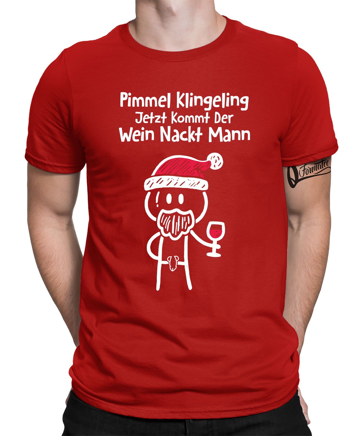 Quattro Formatee Kurzarmshirt Wein Nackt Mann - Weihnachten X-mas Christmas Herren T-Shirt (1-tlg) Rot