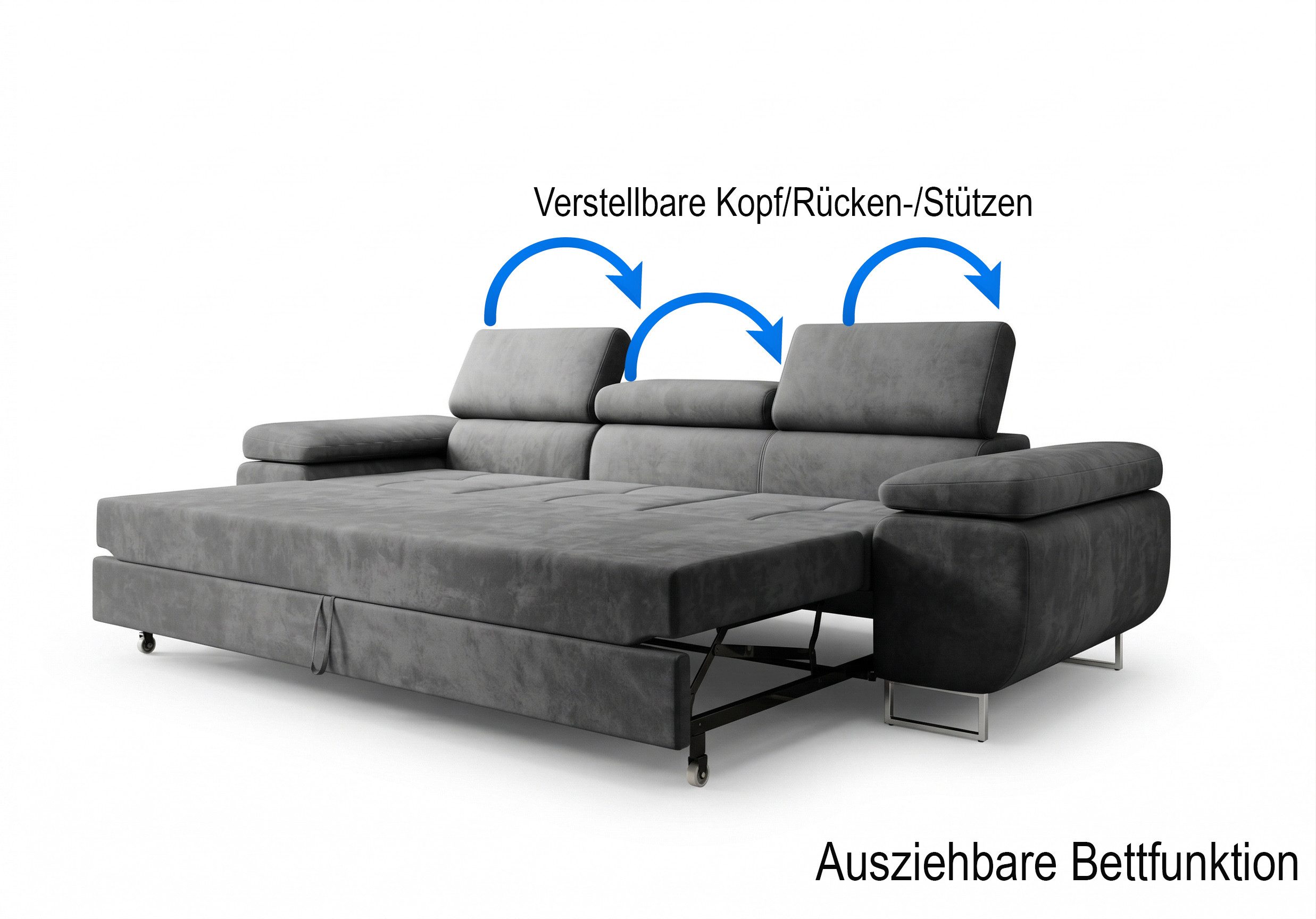 M-Punkt24 Polstergarnitur Sofa Wohnlandschaft DUBAI, (3-3-1, mit Bettfunktion, XL Sofa-Set, Bigsofa, Samt, Anthrazit, Grau), Bestehend aus 3-Sitzer mit Bettfunk – Bild 4 von 5