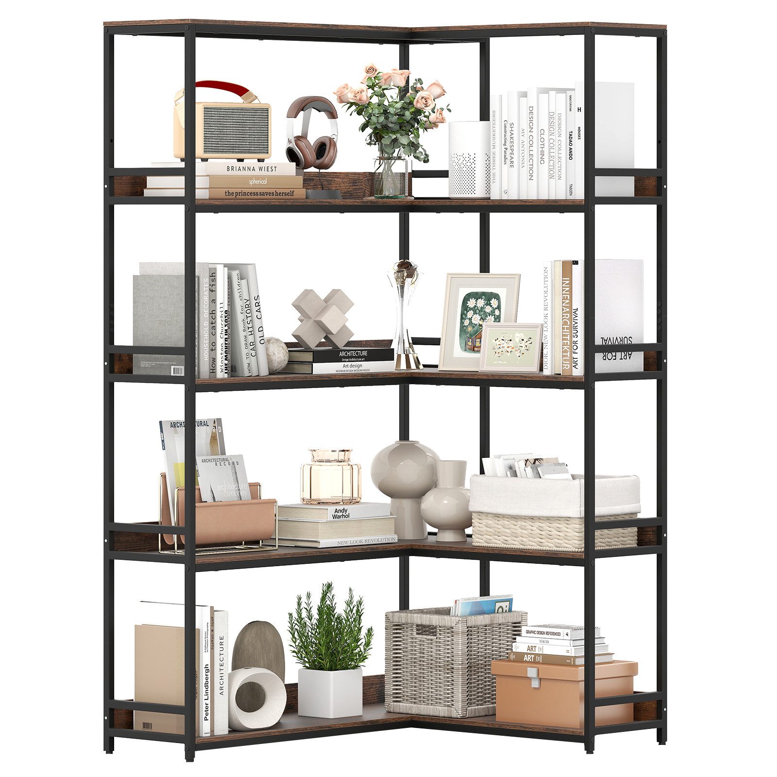 COSTWAY Bücherregal, Eckbücherregal, 5-stufiges L-förmiges Bücherregal