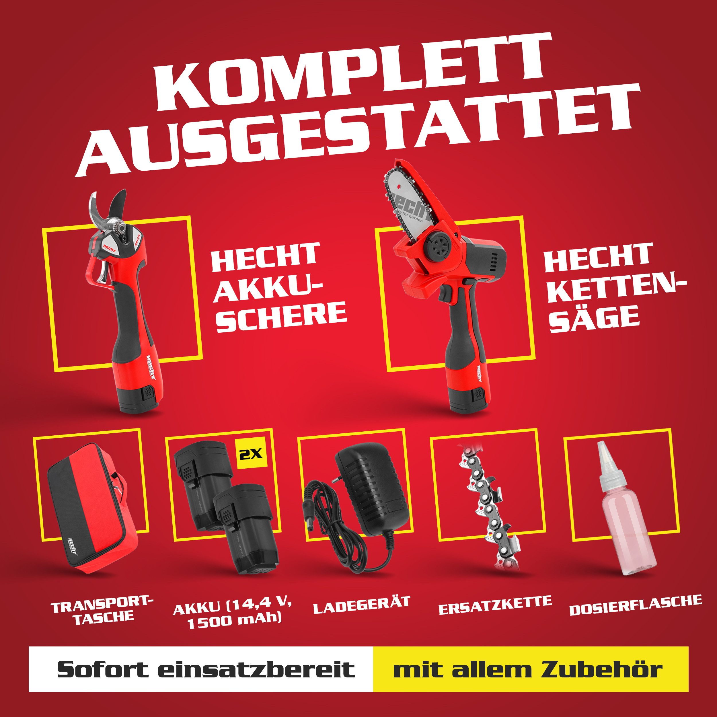 Hecht Akku-Kettensäge Akku-Astschere 99126 mit Mini Kettensäge 14 cm, 650W, 14 cm Schwertlänge, 2 x 14,4V Akkus, mit Transporttasche und 2 x Sägeketten