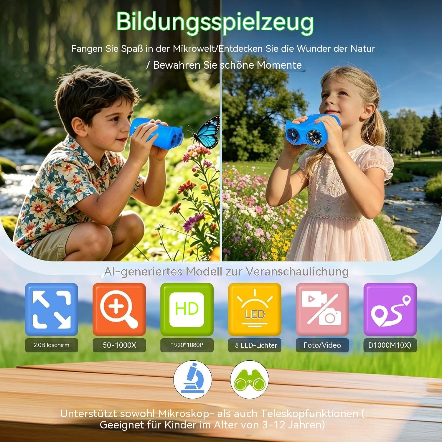 TWUFY Mikroskop für Kinder, Handmikroskop, 1000-fach Zoom Kindermikroskop Digitalmikroskop (2,0 Zoll IPS-Display, Kindergeschenk, 2-in-1-Mikroskop und Teleskop) – Bild 2 von 5