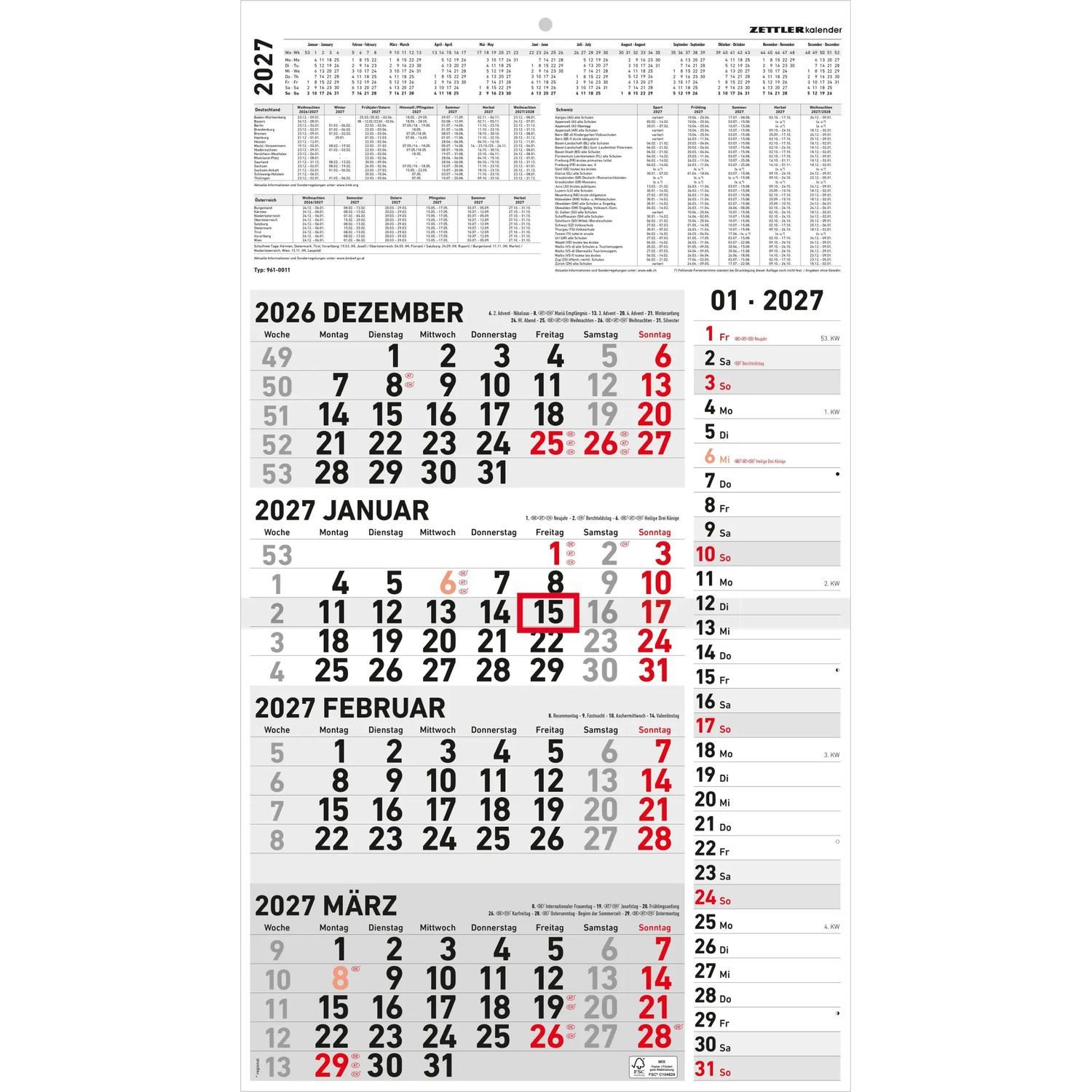 NEUMANN Wandkalender 4-Monatskalender Kombi 2027