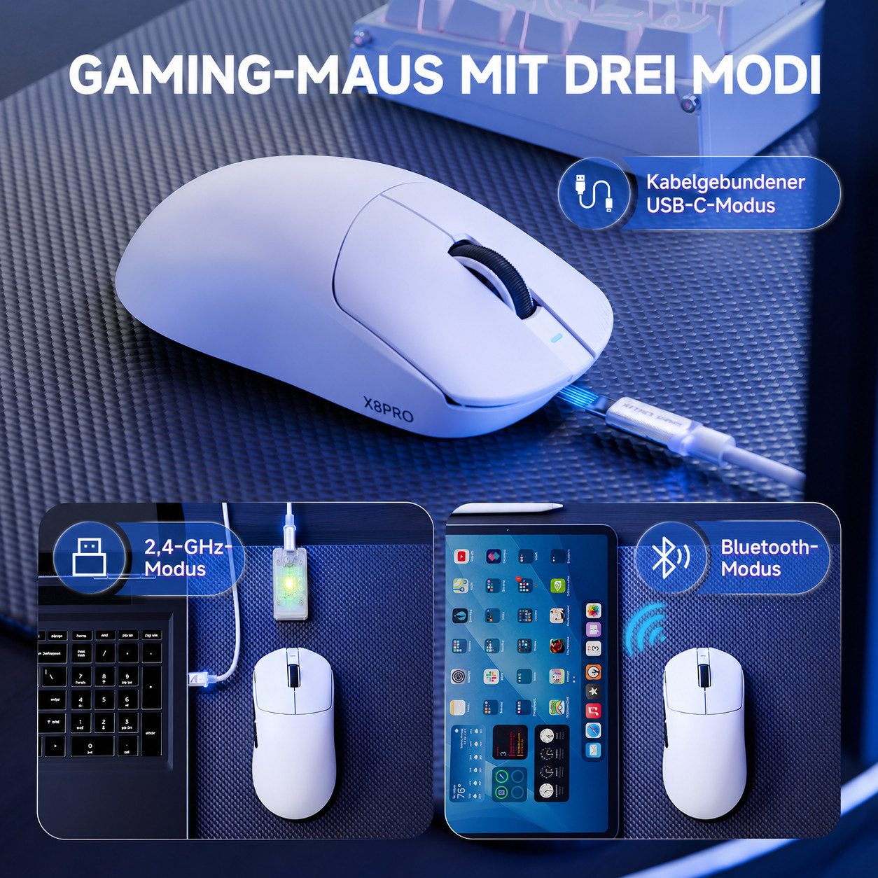 ATTACK SHARK X8PRO 8K-Polling Rate 55g Kabellose Gaming-Maus Gaming-Maus (2,4 G/Wied/BT, PAW3395PRO Sensor,BK52820 MCU) – Bild 2 von 5