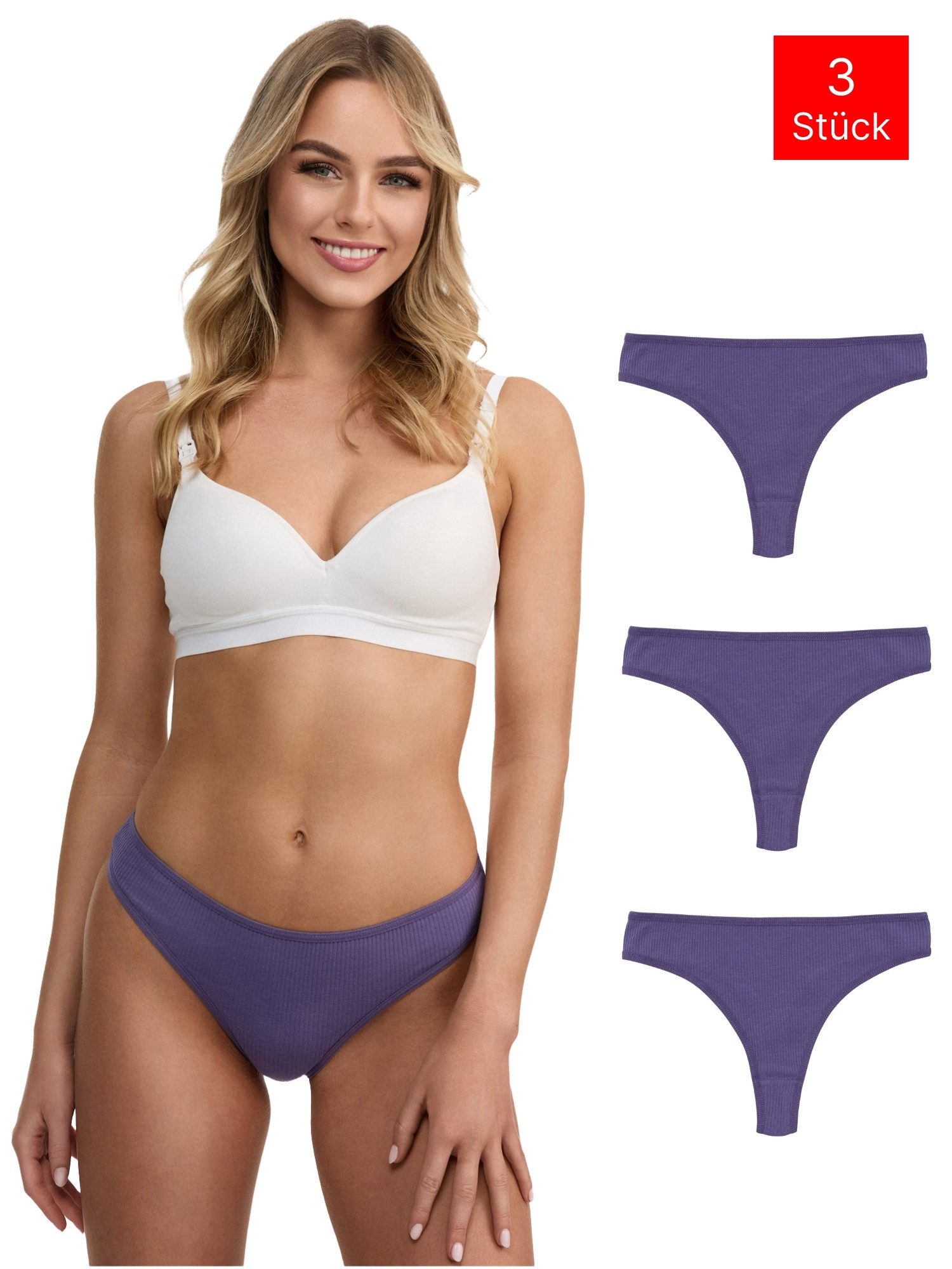 Tazzio String 3er-Pack Damen Tanga F933 (Packung, 3-St) Ripp-Struktur für angenehmen Tragekomfort