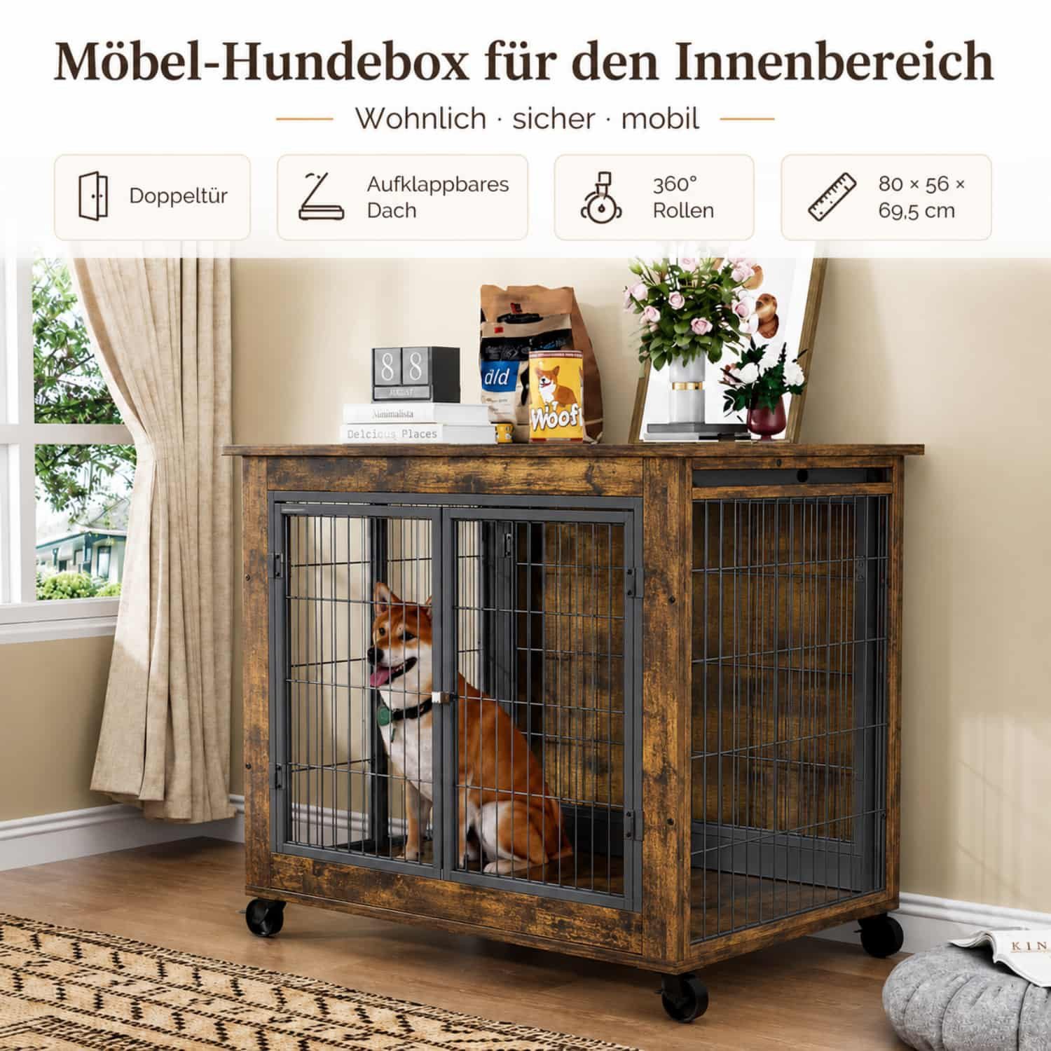 ANYSUN Hundehütte Möbel Hundebox, Hundehütte Innenbereich mit Doppeltür & Rollen, 80 × 56 × 69,5 cm, Klappdach, Stahlgitter & 80 kg belastbar