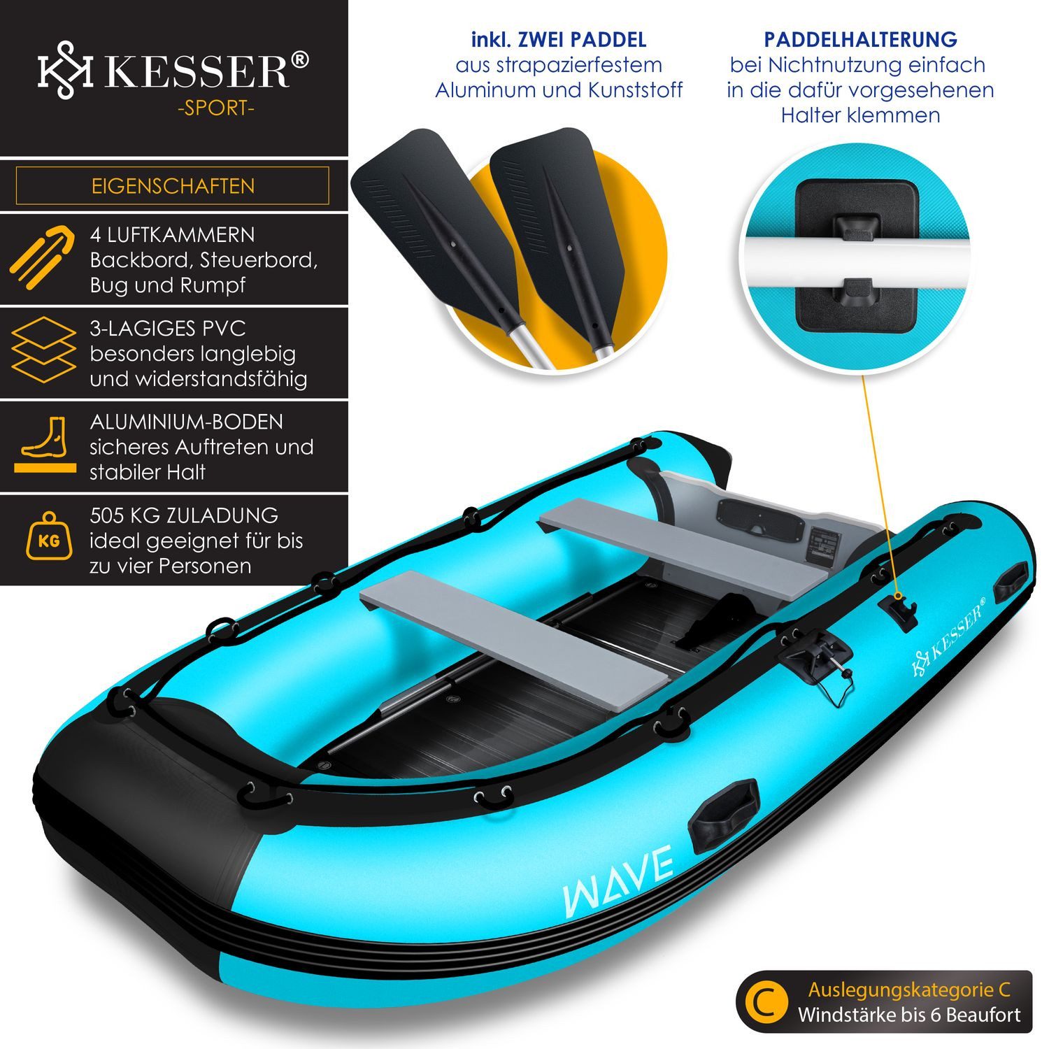 KESSER Schlauchboot aufblasbares Paddelboot für 4 Personen, motorisierbar, 3,20m, WAVE Motor geeignet