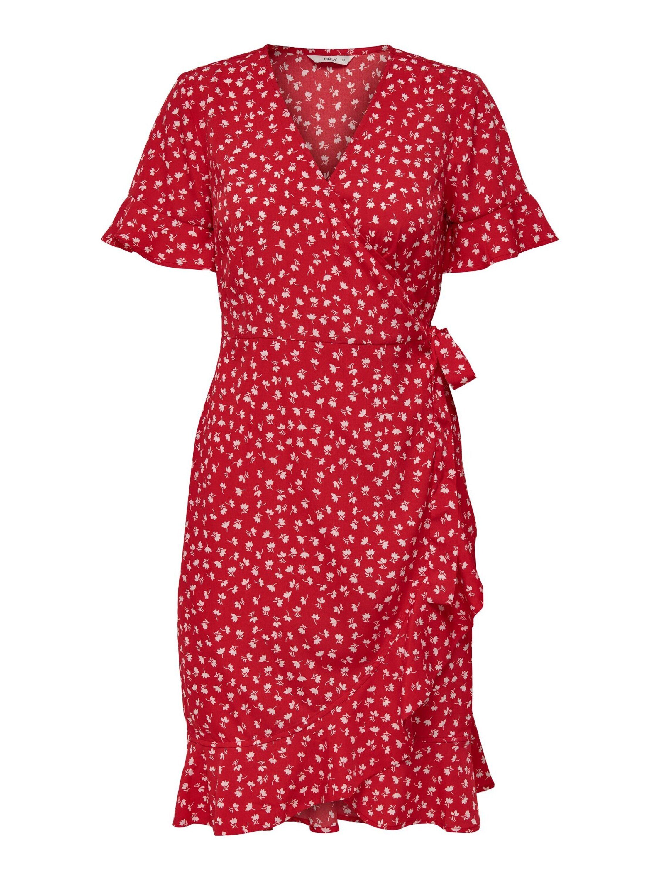 ONLY Sommerkleid Rot Olivia Volant, Wickel-Design, Drapiert/gerafft (1-tlg) Rüschen