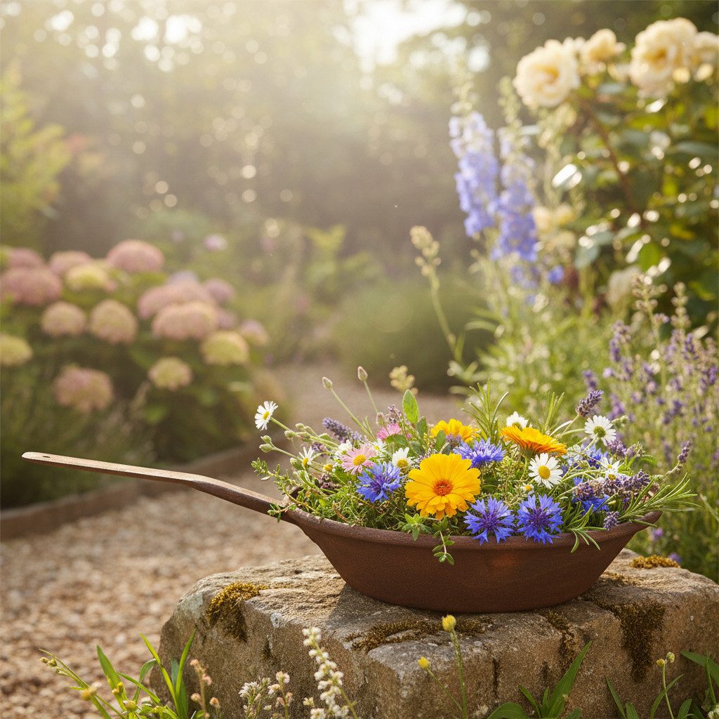 Posiwio Gartenfigur Pflanzschale Rost-Optik Pfanne mit Griff, Metall Übertopf