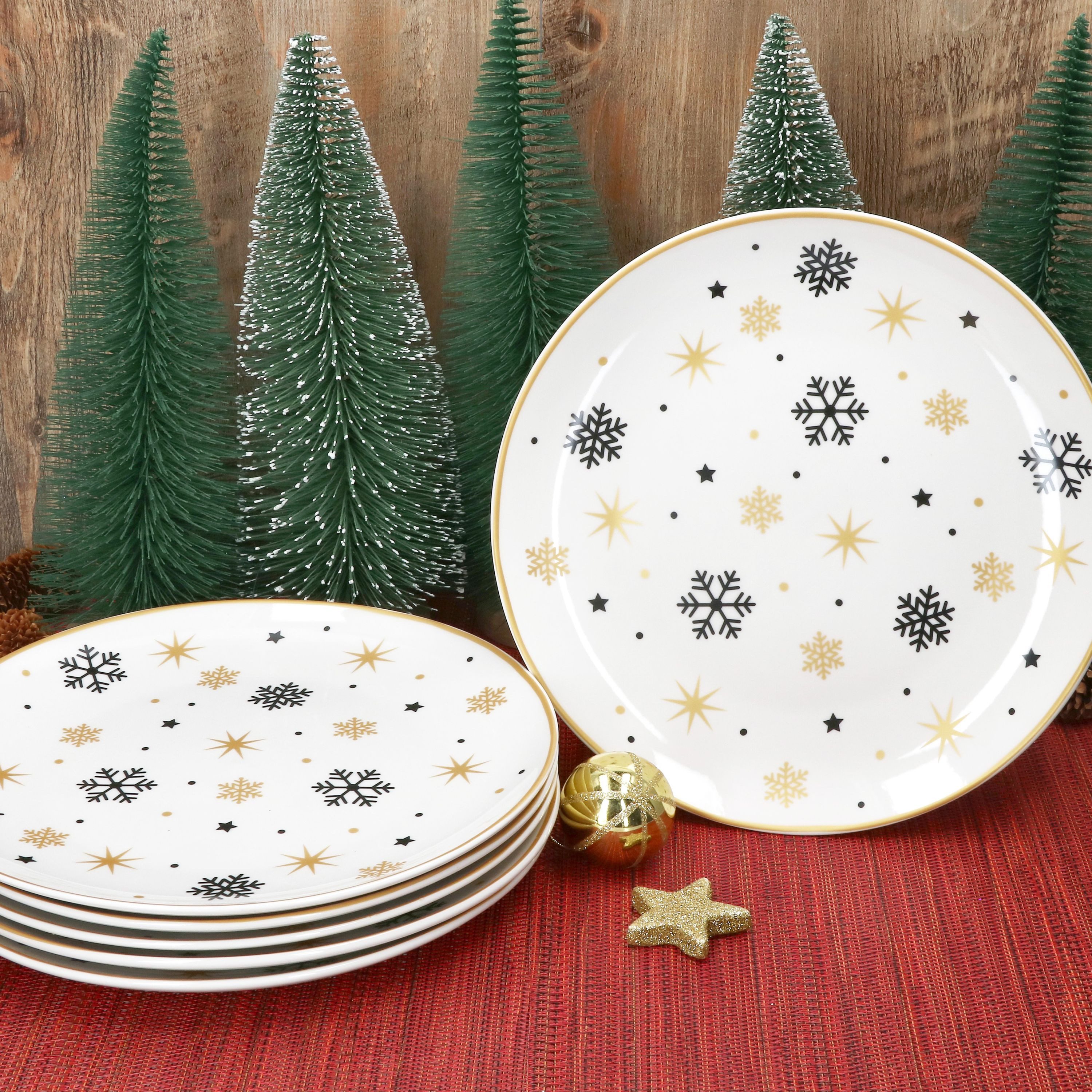 MamboCat Speiseteller 6x Stars schwarz & gold Speiseteller Steingut 6 Personen Essteller, Weihnachtsgeschirr, Weihnachten, Weihnachtsset, Geschirr