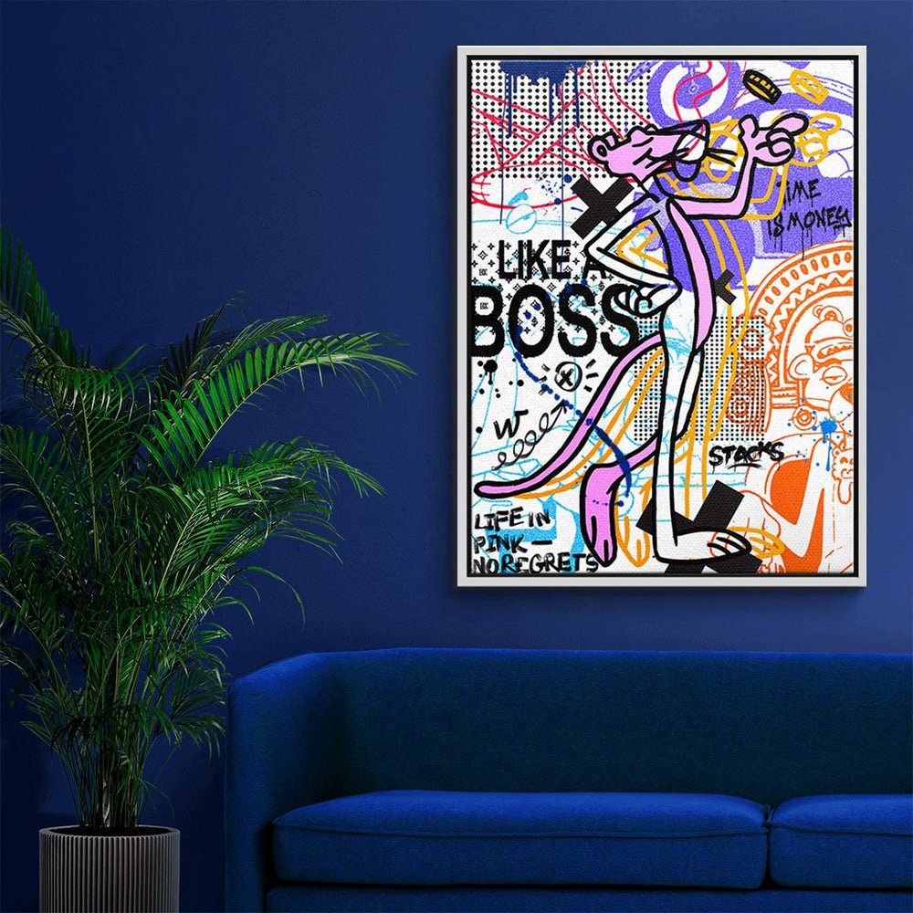 DOTCOMCANVAS® Leinwandbild, Der rosarote Panther Leinwandbild in Rahmen Art Pop Pink Comic weißer Life Graffiti