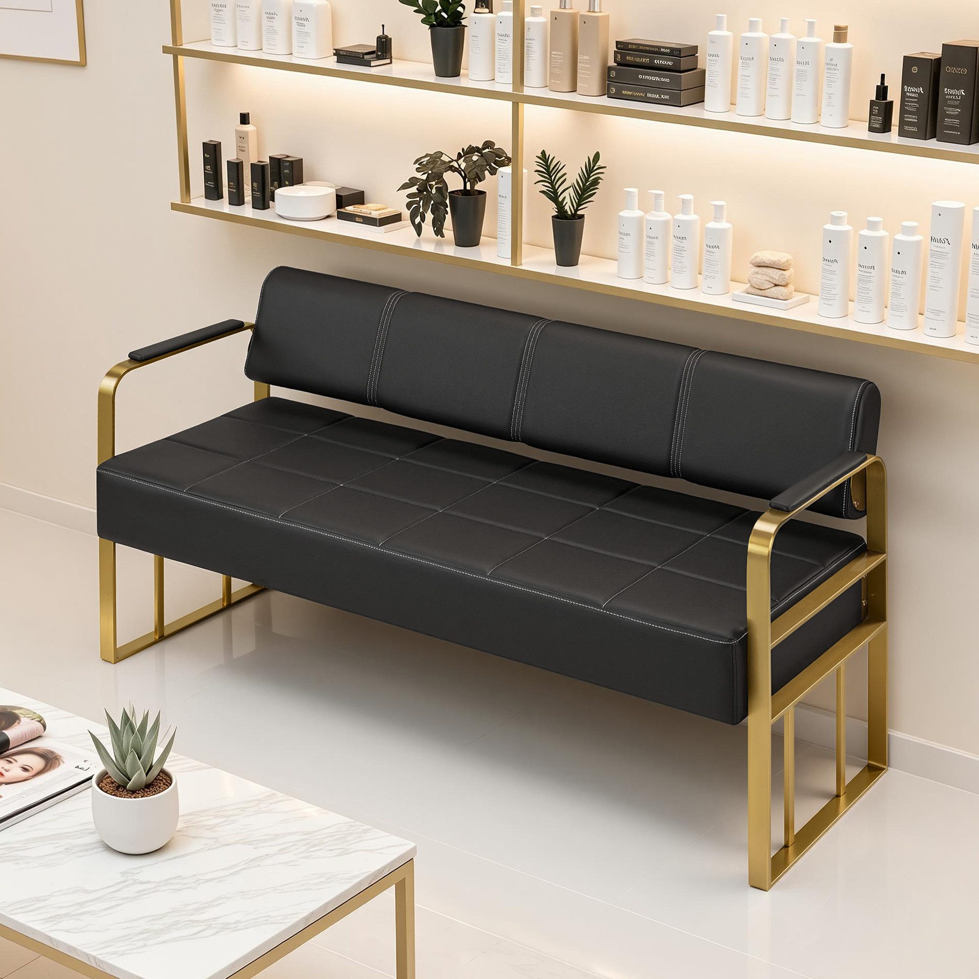 Barberpub Sitzbank BarberPub Sitzbank mit Rückenlehne W528 (Schwarz-Gold/Kunstleder) – Bild 2 von 5